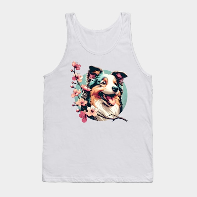 Miniature American Shepherd Enjoys Spring Cherry Blossoms Tank Top by ArtRUs